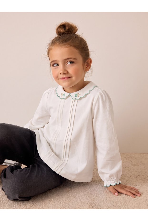 Girl's Baby Collar Embroidered Combed Cotton Long Sleeve Tshirt Green