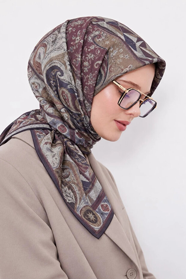 Patterned Cotton Silk Scarf 90X90 Ls2212 14-Stone-Khaki-Burgundy-Navy Blue