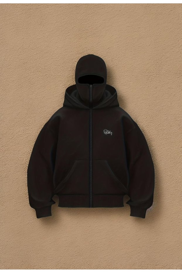 3 İplik Minimal Printed Ninja Hoodie – Oversize Zippered Hooded Sweatshirt