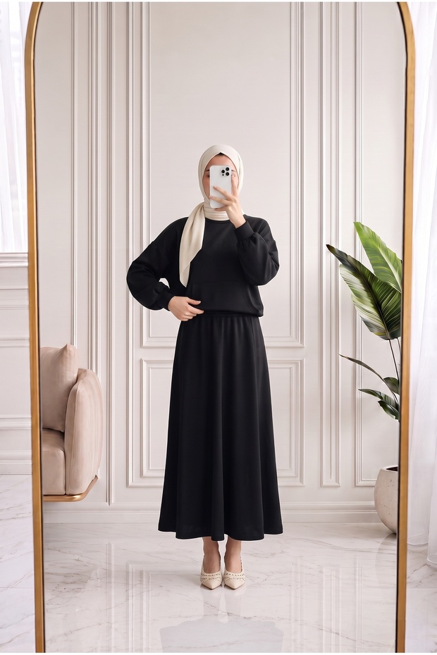 Deryanur Kangaroo Pocketed Pique Skirt Suit-Nl678.1 Black