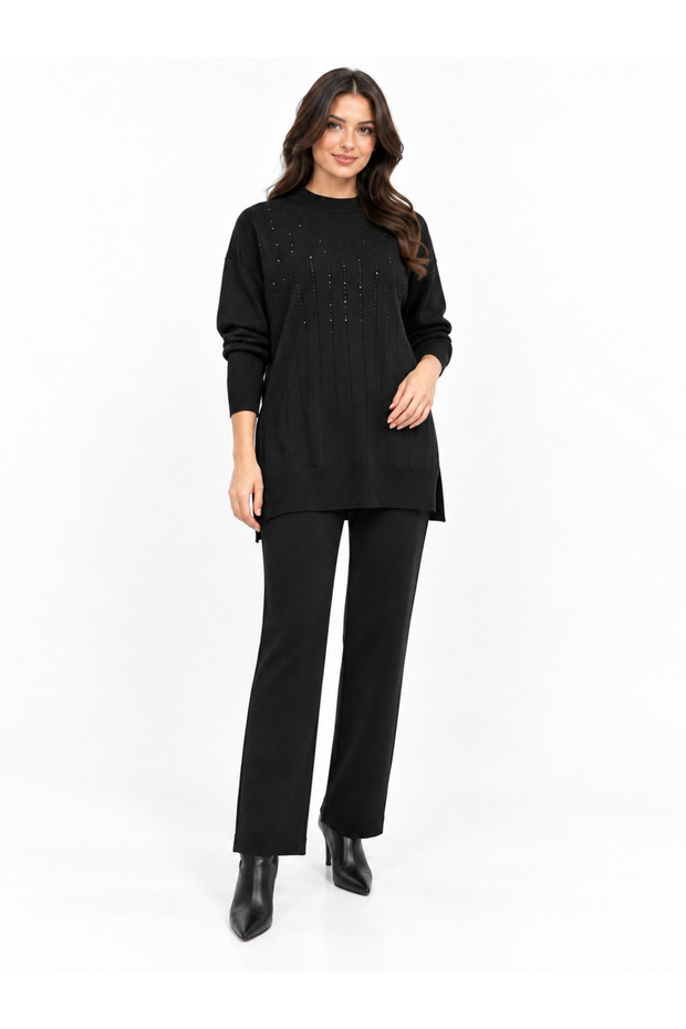 Stone Embellished, Side Pockets, Elastic Waist, Knitwear Tunic and Trousers Two-Piece Set