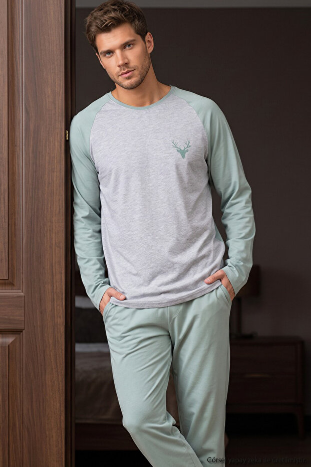 Mint Green Deer Embroidered Cotton Lycra Knitted Pajama Set 26241802-2