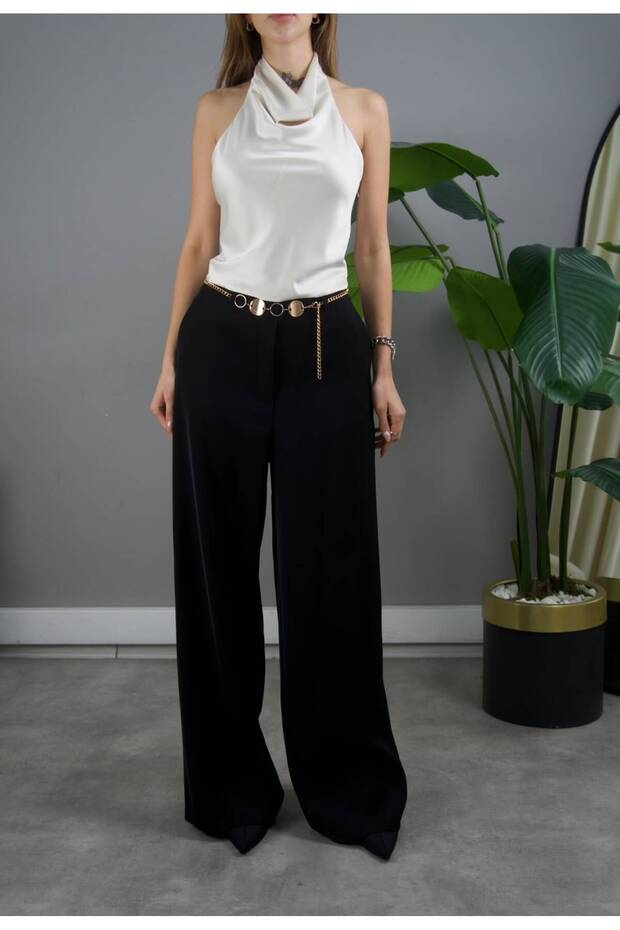 Halter Neck Satin Belt Detailed Jumpsuit