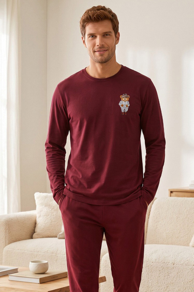 Burgundy Teddy Bear Printed Cotton Lycra Knitted Pajama Set 26241803-4