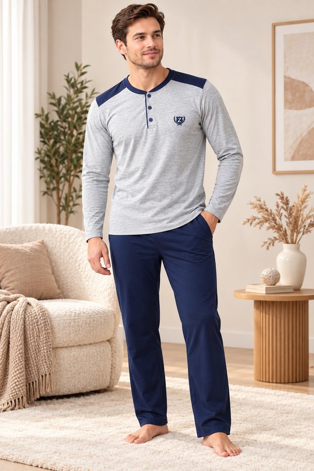 Men's Pajama Set, 100% Cotton, Anti-Pilling, Combed Cotton Interlock, Long Sleeve, Buttoned Collar, Pocket, Light Gray