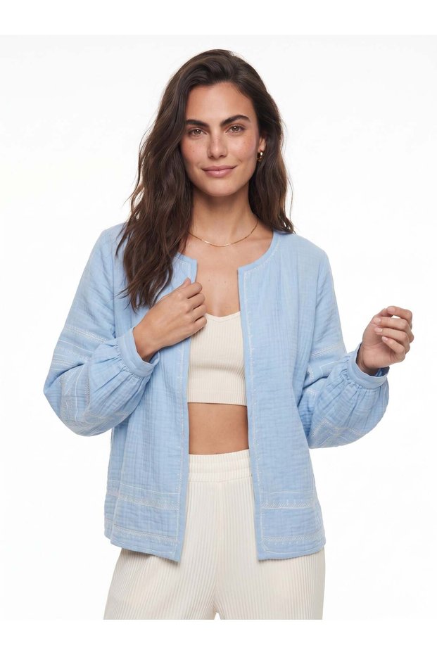 Baby Blue Cotton Muslin Fabric Embroidery Detailed Long Sleeve Relaxed Fit Summer Jacket