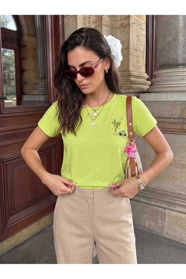 Pistachio Green Cotton Crew Neck Short Sleeve Summer Themed T-Shirt with Embroidery Detail