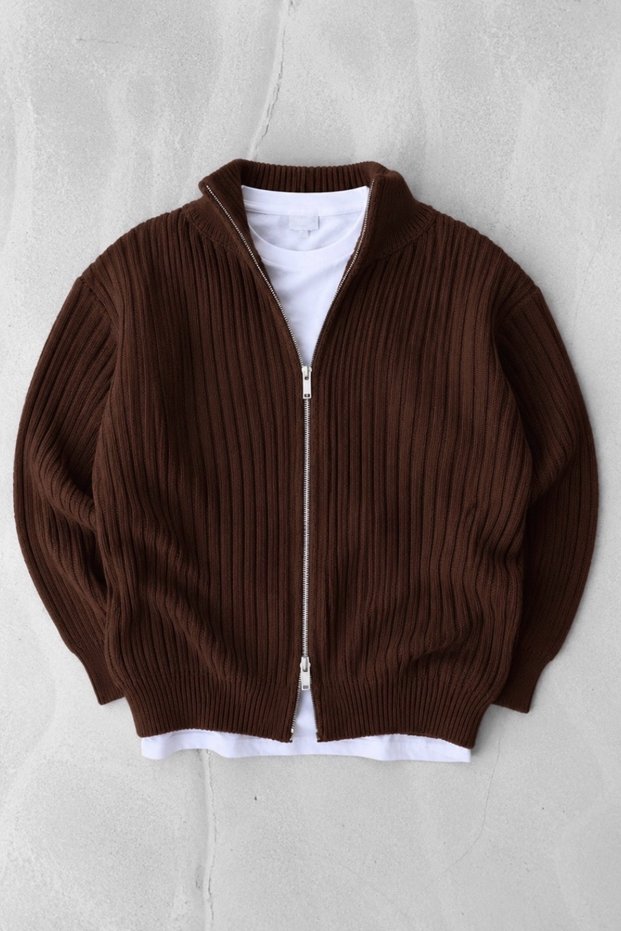 Men's Double Zipper Knitwear Cardigan Regular Soft Textured Basic Cardigan - Brown
