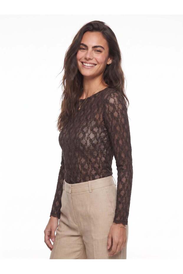 Bitter Brown Lycra Stretch Fabric Boat Neck Long Sleeve Transparent Lace Detailed Blouse