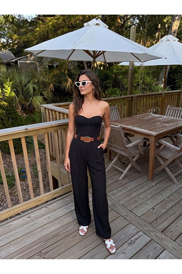Black Flowy Fabric High Waist Wide Leg Comfortable Fit Belted Side Pockets Palazzo Trousers