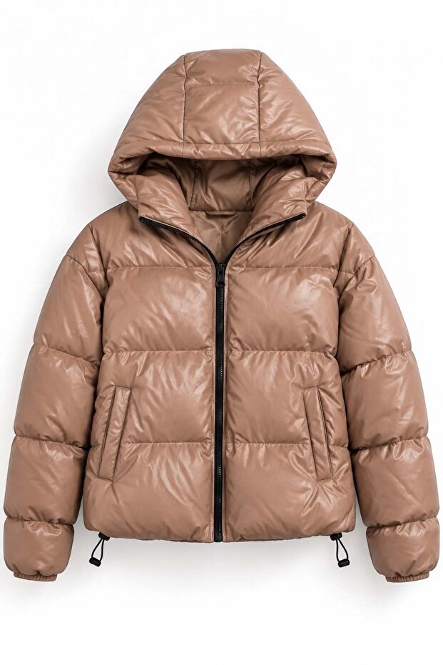 Powder Polyester Fabric Camisole Detailed Hooded Inner Lining Inflatable Coat with Adjustable Elastic Waistband