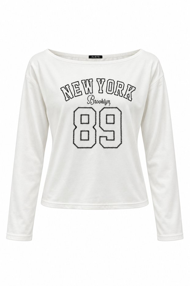 White Viscose Blend Boat Neck Long Sleeve Flexible New York Printed Comfortable Fit T-Shirt