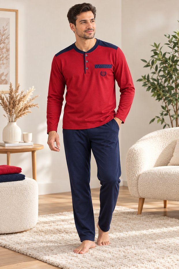 Men's Pajama Set, 100% Cotton, Anti-Pilling, Combed Cotton Interlock, Long Sleeve, Buttoned Collar, with Pockets, Red