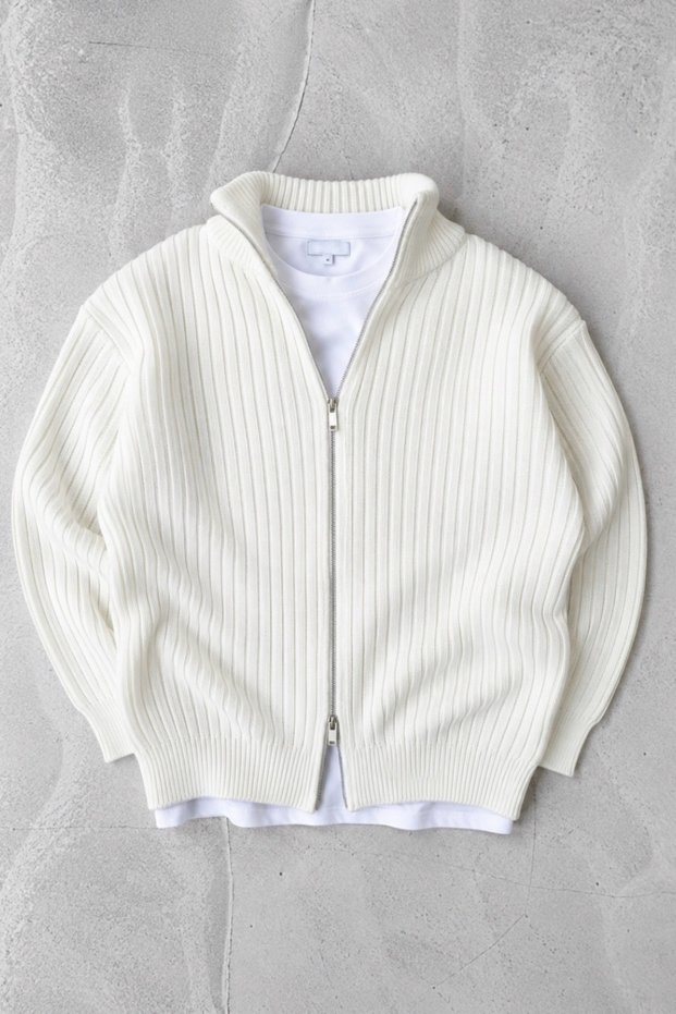 Men's Double Zipper Knitwear Cardigan Regular Soft Textured Basic Cardigan - White