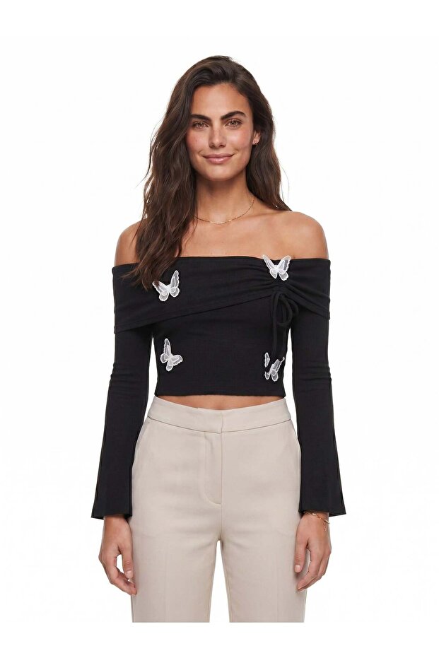 Black Stretch Fabric Madonna Collar Long Sleeve Butterfly Detailed Slim Fit Knitted Blouse