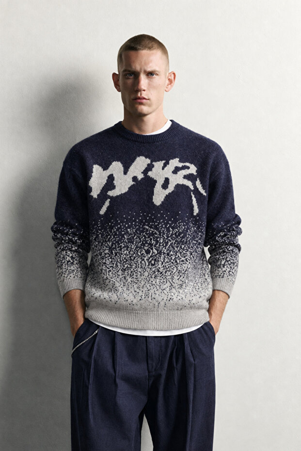 Men's Oversize Patterned Crew Neck Wool Knit Sweater