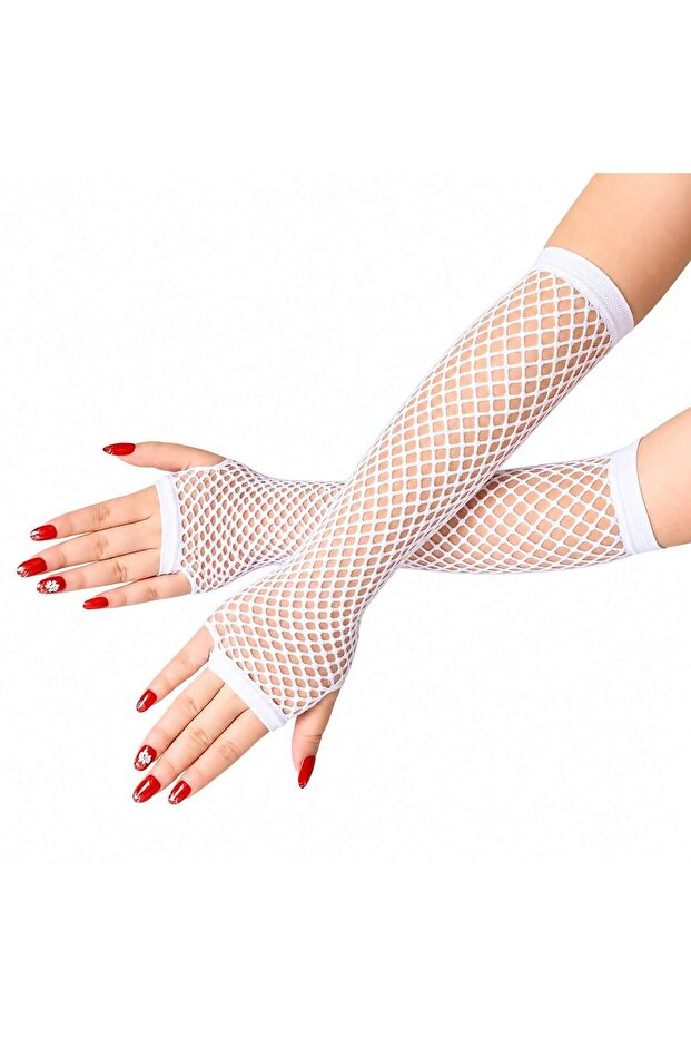 80S 90S Retro White Mesh Fingerless Gloves 26 cm