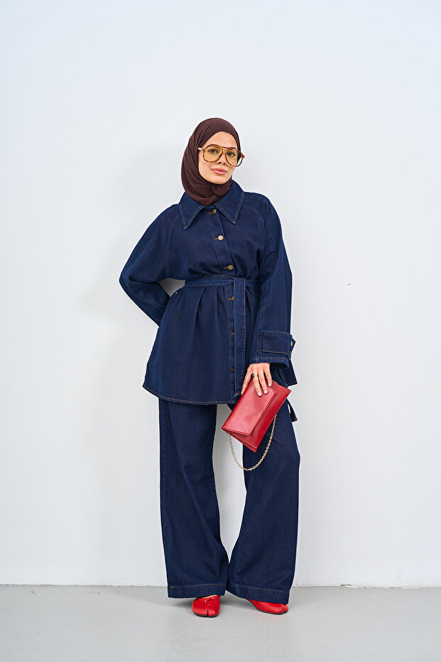 Women's Button Detail Belted Waist Pants Suit Navy Blue