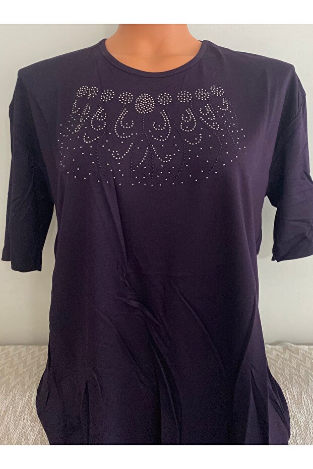 Er Clothing Combed Cotton Blouse Short-Sleeve Crew Neck Purple Stone