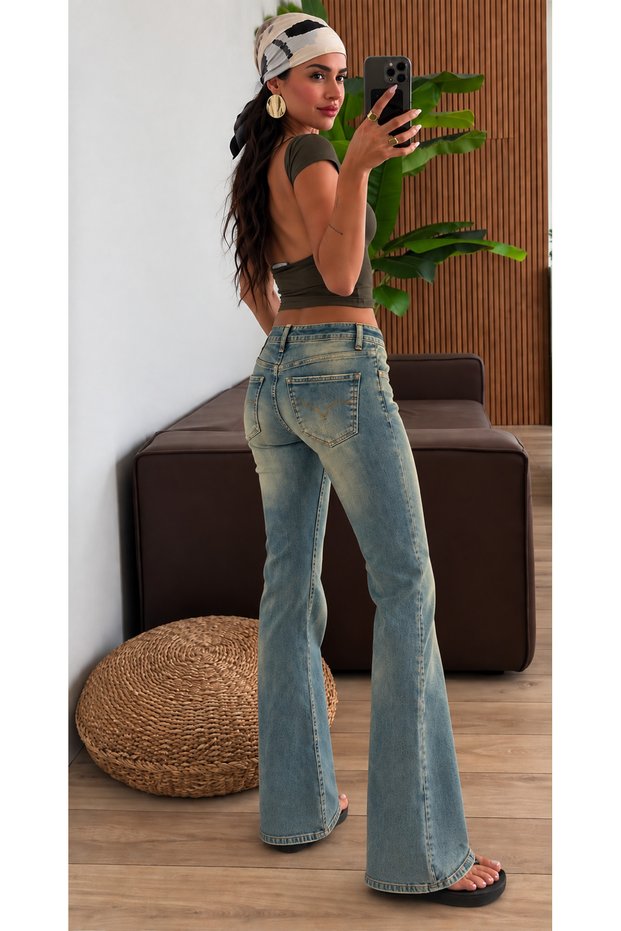 Vintage Retro Pale Blue Bootcut Flared Low Waist Jeans