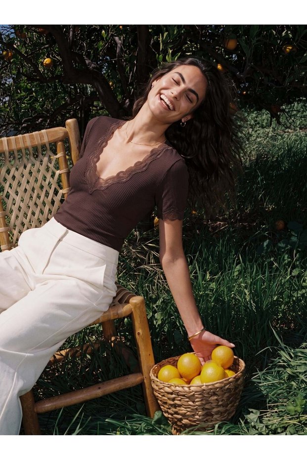 Bitter Brown Twill Viscose Blended Deep V-Neck Short Sleeve Body-Fitting Blouse with Lace Detail