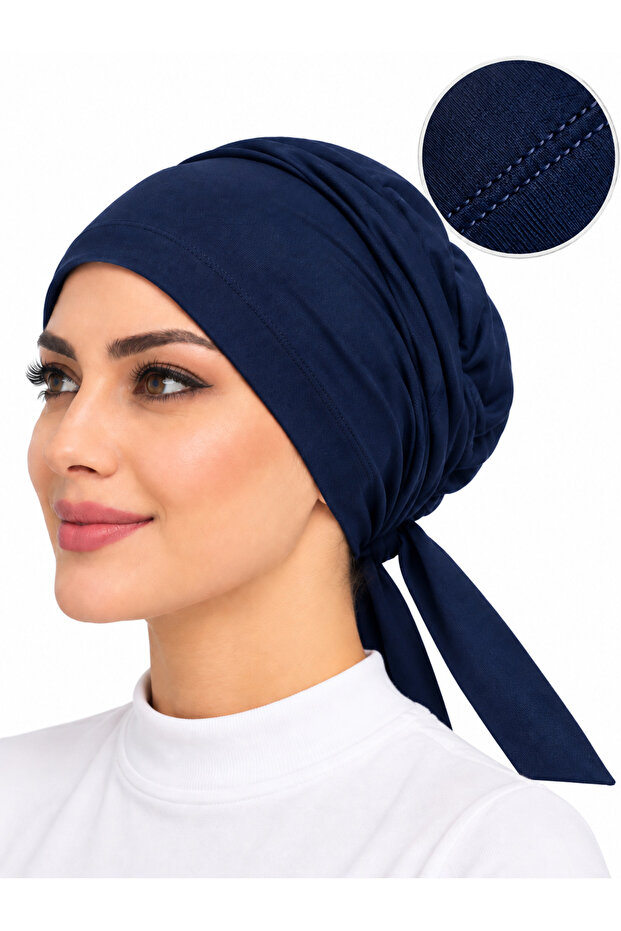 Navy Blue Front-Stitched Combed Cotton Bonnet | Elastic Back-Tie Flexible Cap