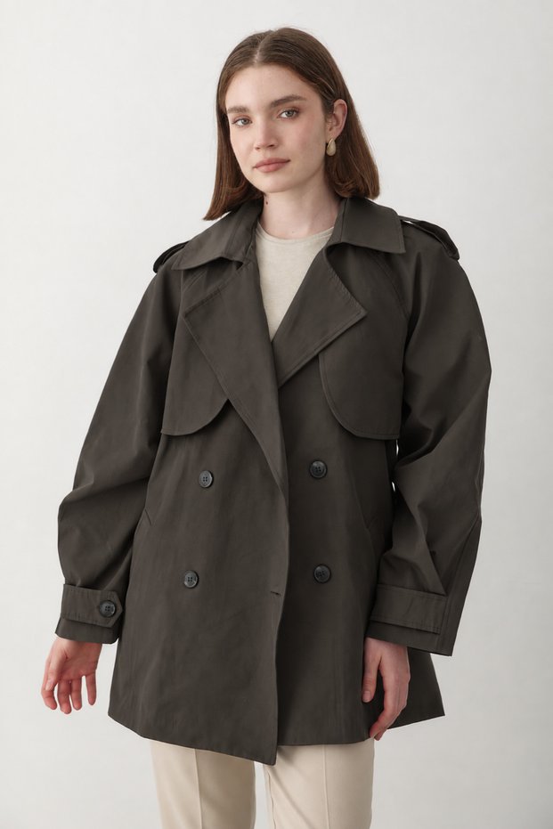 Women's Bitter Brown Double Breasted Collar Lined Trench Coat