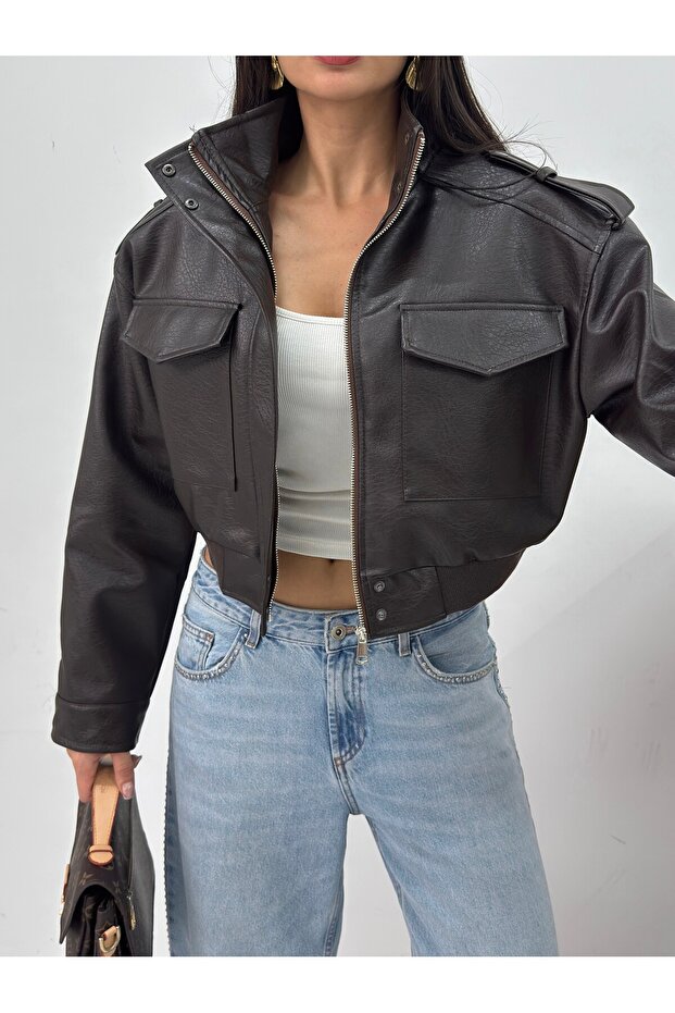 Women's Brown Crop Leather Look Utility Bomber Jacket Brown