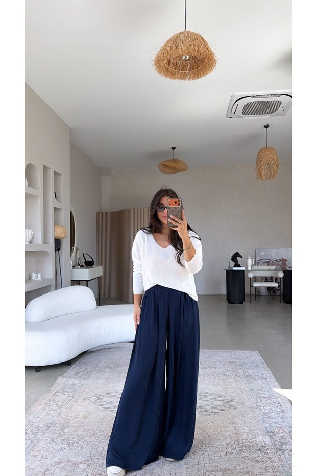 Navy Blue Thin Satin Zr Model Draped Tiril Pants