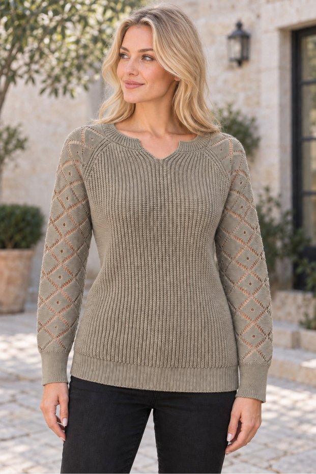 Women's Long Sleeve Sleeves with Diamond Pattern Notched Collar Woven Detailed Ribbed Soft Textured Casual Mink Knitwear Sweater