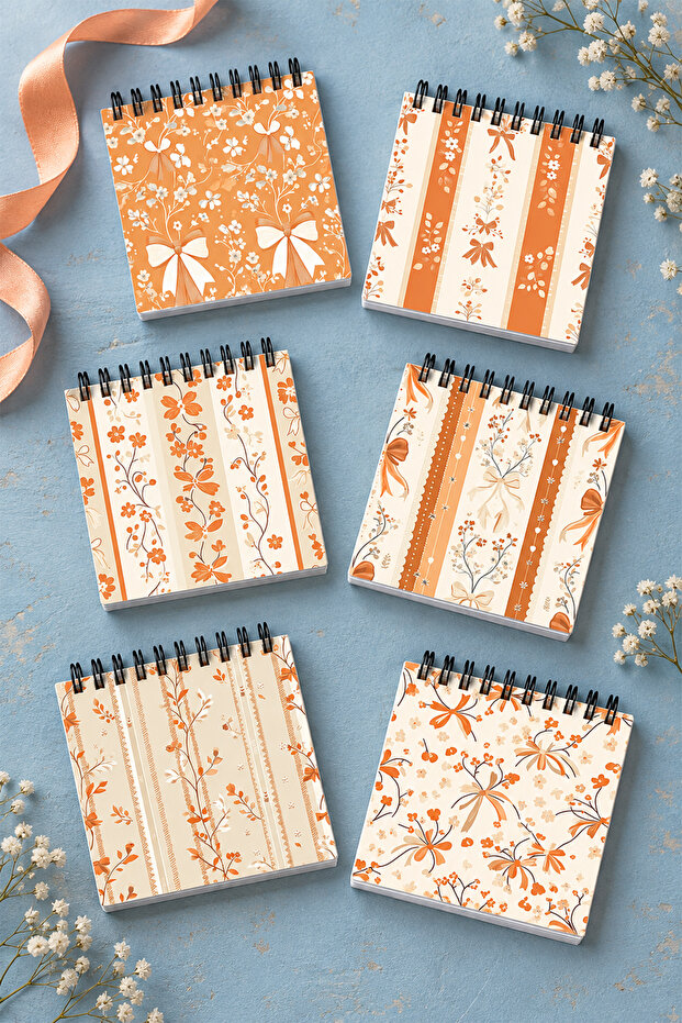Orange Ribbon and Floral Pattern Mini Notepad Set
