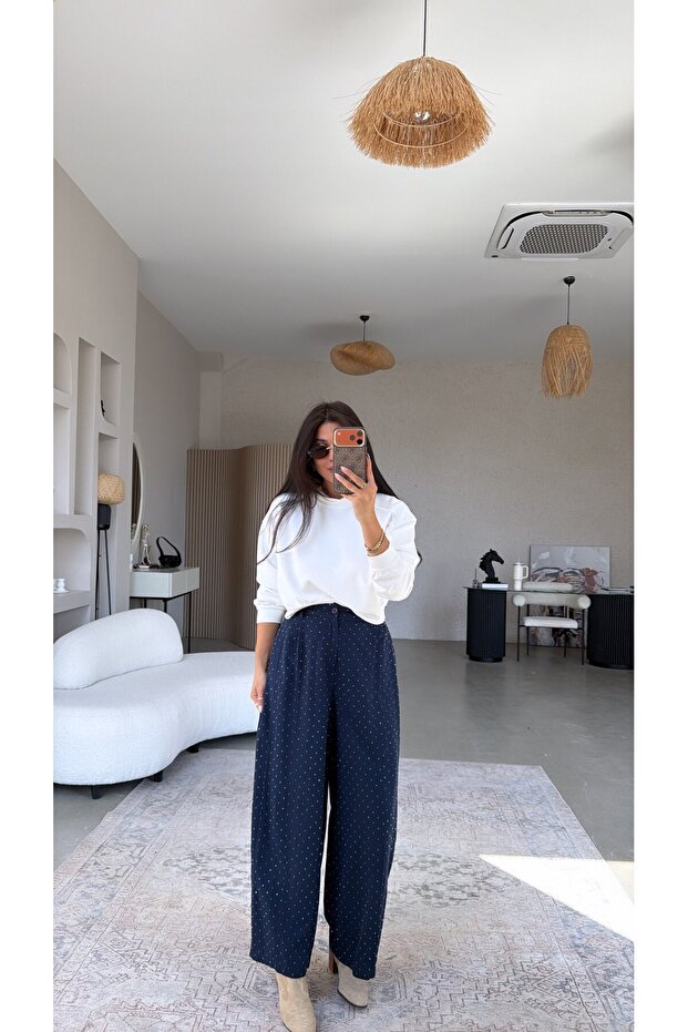Navy Blue Stoned Premium Slim Fit Trousers