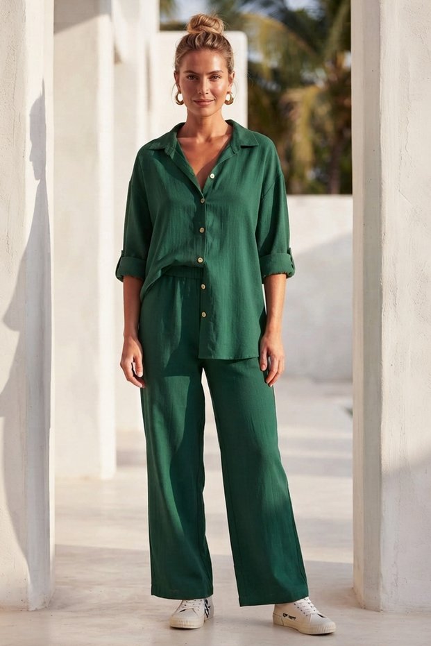 Green Shirt Collar Cuffed Sleeves Pocket Elastic Waist Tencel Fabric Woven Bottom Top Set 68-104 67-60
