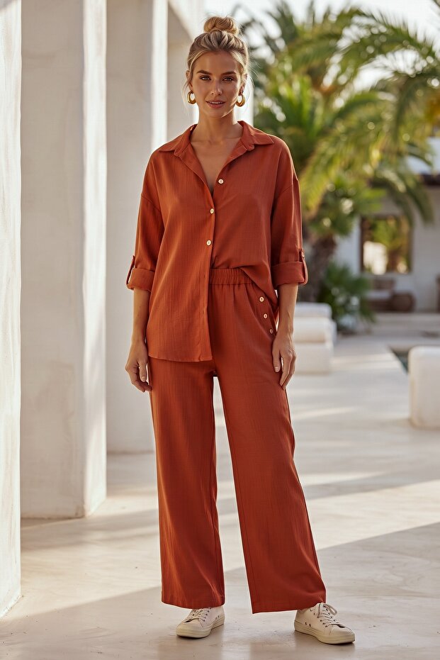 Brick Red Shirt with Collar and Cuffs, Elastic Waist, Tencel Woven Bottom, Top Set 68-104 67-60
