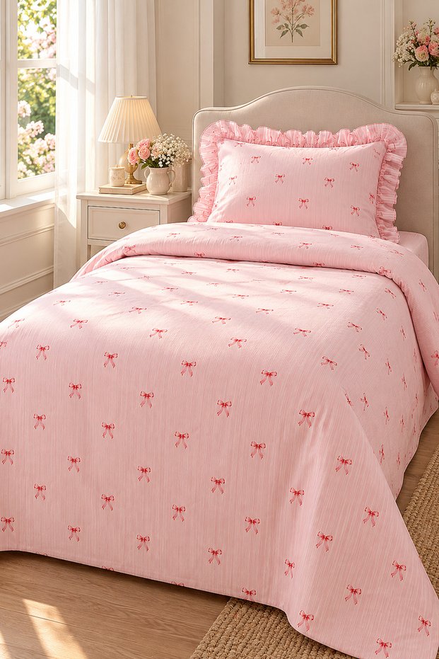 Single Bowknot Duvet Cover Set Pink
