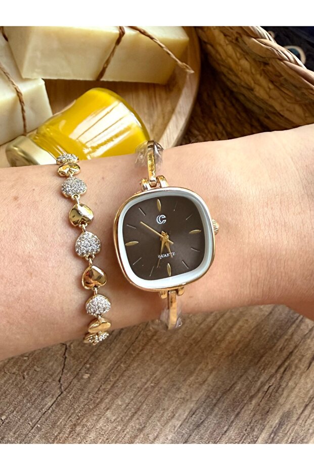 Vintage Square Gold Inside Brown Women's Wristwatch