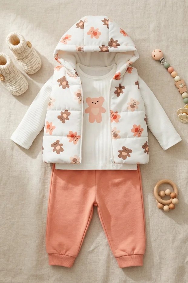Girl's Hooded Vest Top and Bottom Set | Sweetshirt, Pants, Hoodie, and Padded Vest 3-Piece Set