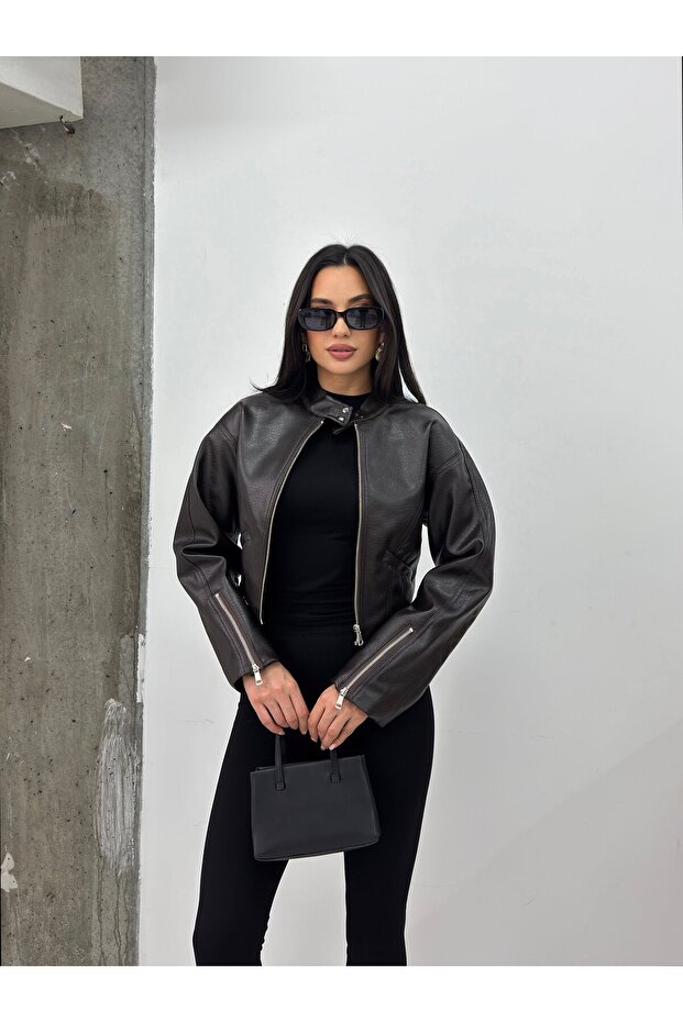 Women's Brown Crop Synthetic Leather Jacket with Standing Collar and Zipper Brown