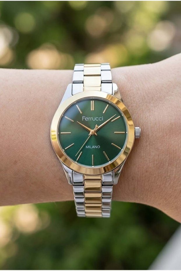 Silver-Gold Women's Wristwatch |   34 mm Steel Band, Green Dial