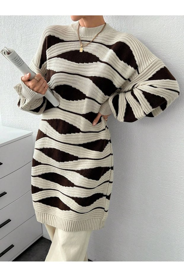 Patterned Draped Thessaloniki Knit Long Sweater - Brown / Cream