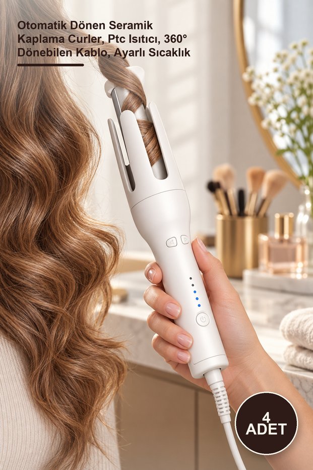 4 Pieces of Hair Curling Irons – Automatic Rotating Ceramic Coated Curler, Ptc Heater, 360 ° Rotatable Cable, Adjustable Temperature