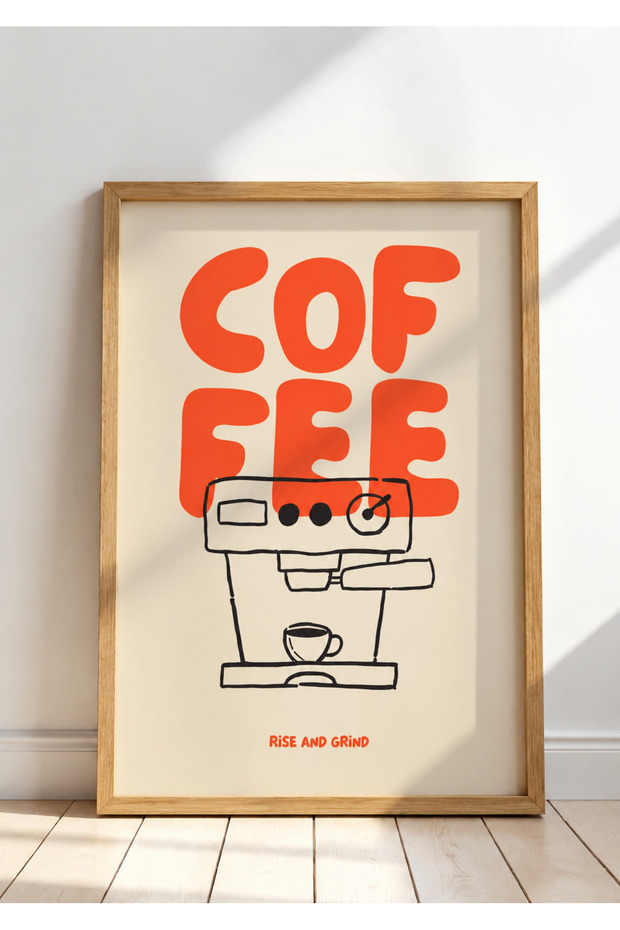 Natural Wood Framed Coffee Rise and Grind Wall Decor Painting Set for Coffee Corner Kitchen