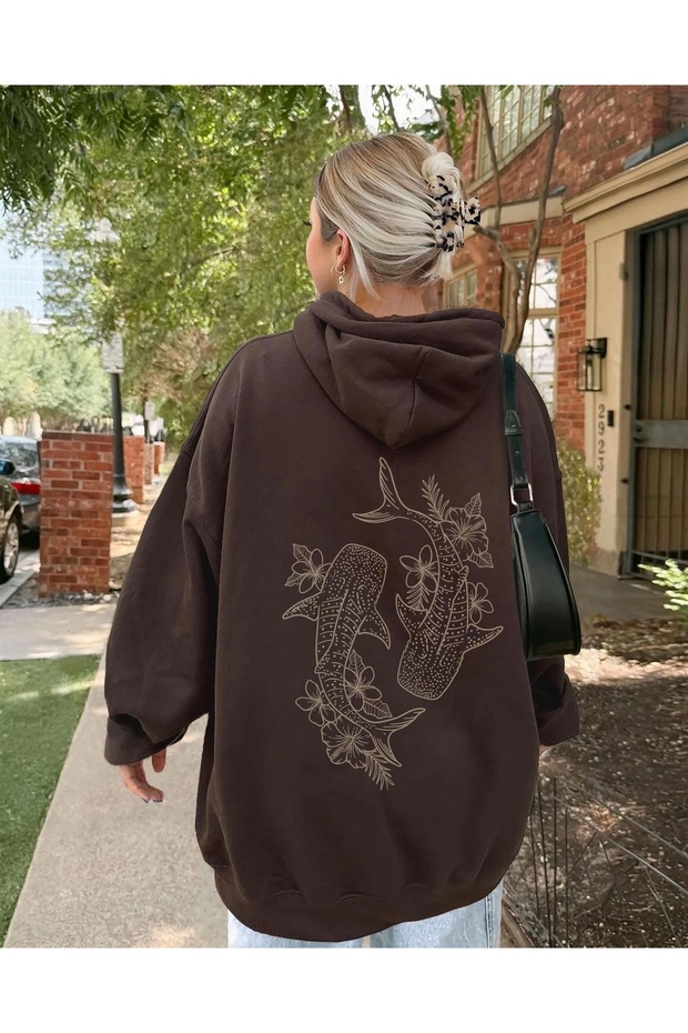 Life Fish Printed Premium Oversize Hooded 3 Thread Cotton Sweatshirt