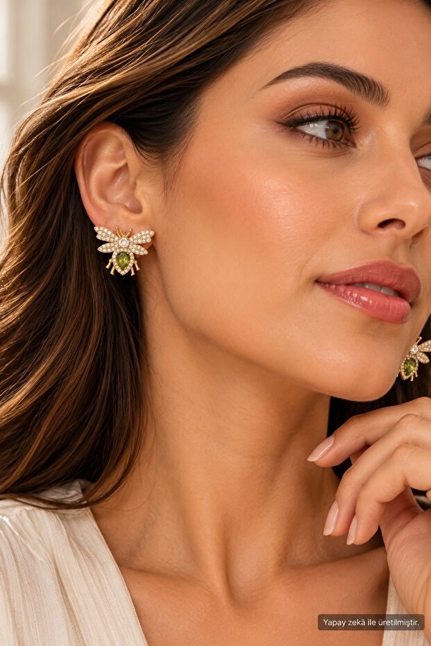Bee Figured Gold Earrings – Stylish Women's Earrings with Green Stones and Crystal Stones