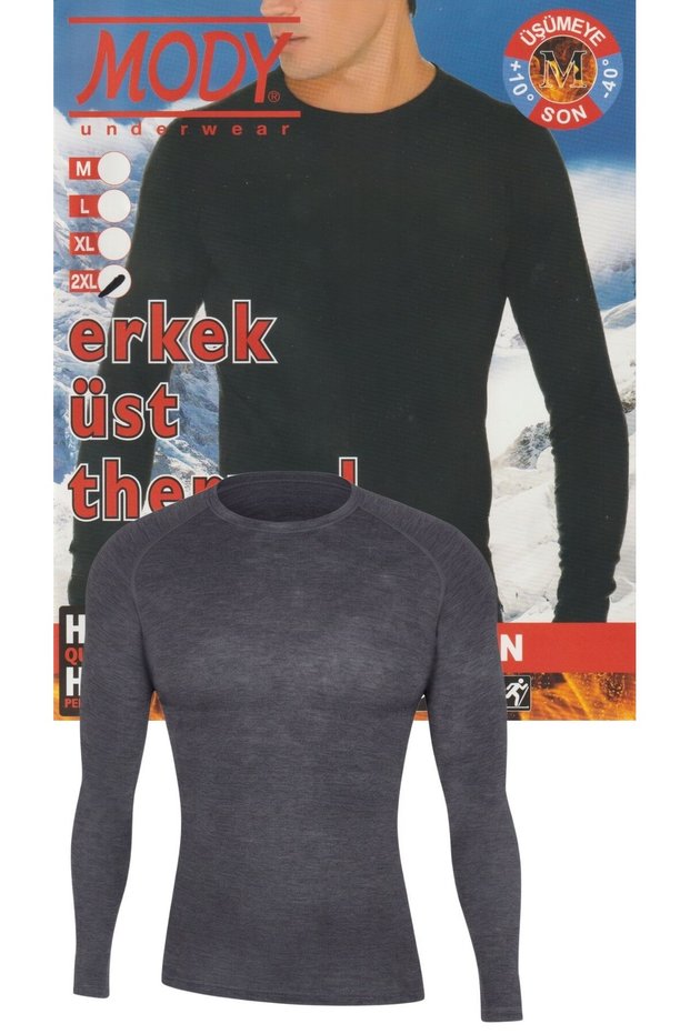 Men's Long Sleeve Crew Neck Anthracite Color Lycra Mody Thermal Top Underwear
