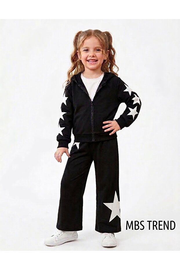 Winter Girls' Black Star Detailed Hooded and Zippered Two-Thread Two-Piece Set