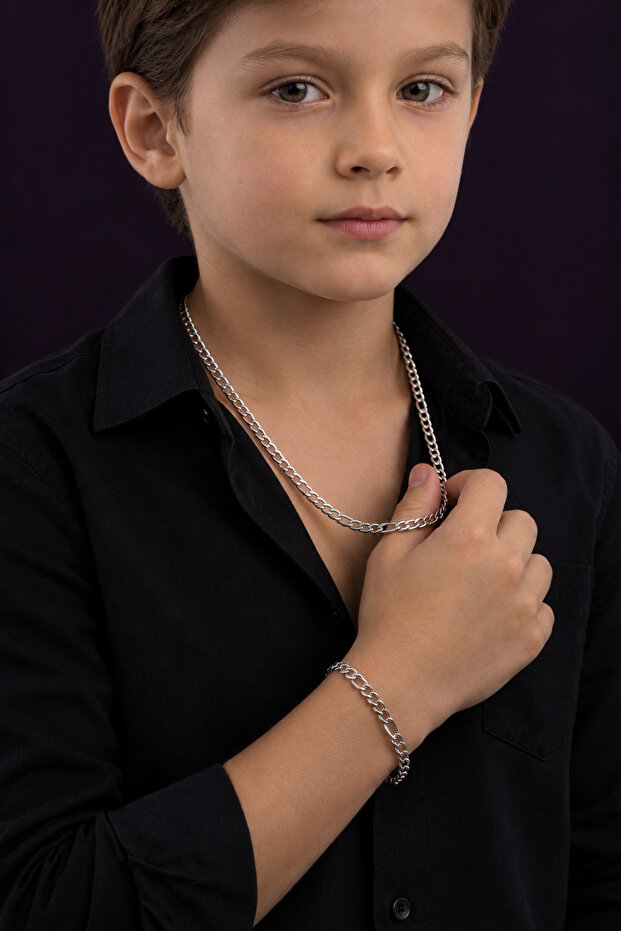 Boy's Silver Color Stainless Steel Italian Figaro Model Necklace Bracelet