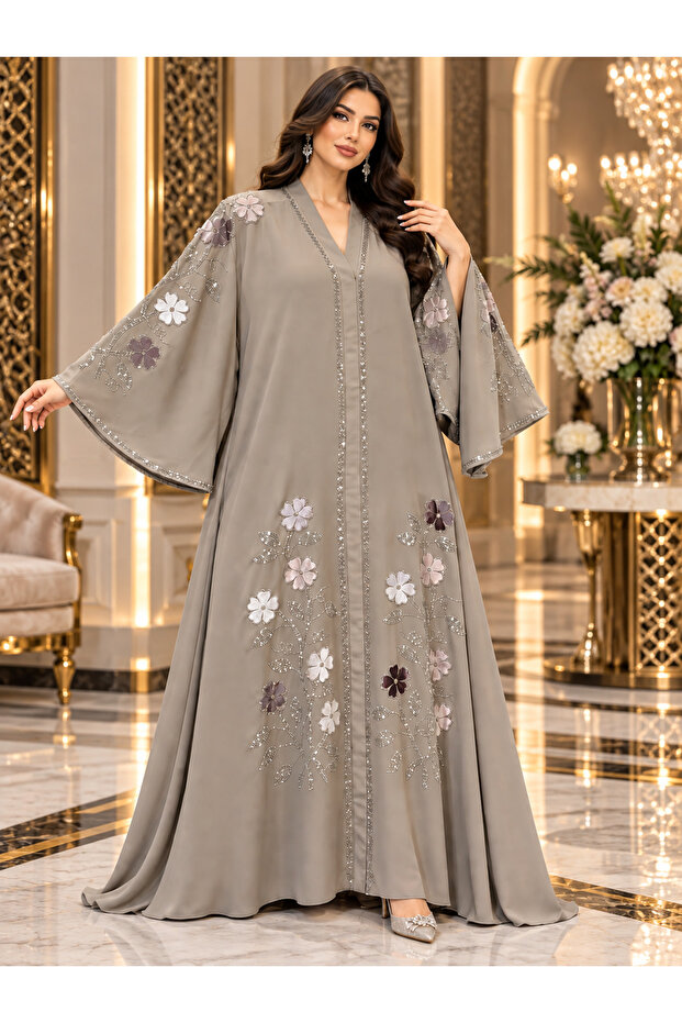 Luxury Taupe Floral Embellished Abaya – Premium Elegant Collection