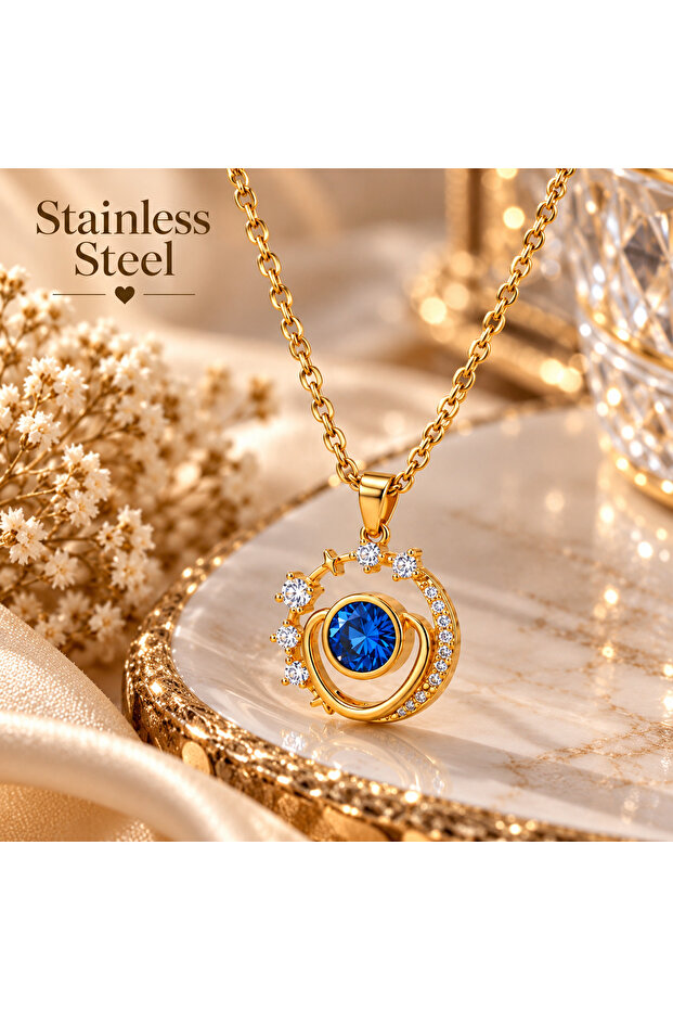 Gold Color Zircon Stone Starry Planet Design Steel Necklace