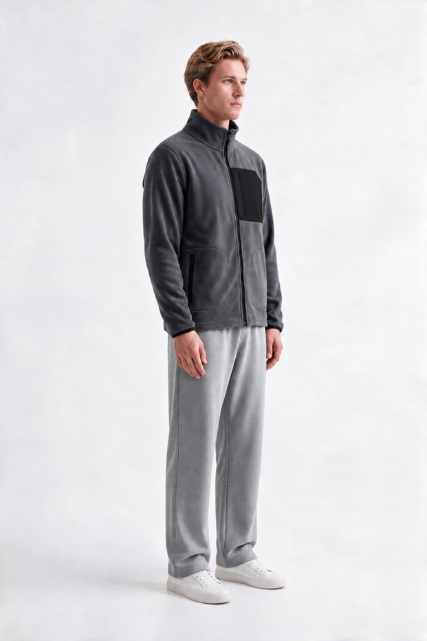 Men's Full Zipper Thick Outdoor Fleece Jacket with Front Pockets